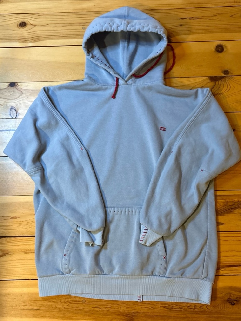 Light Blue Pullover Hoodie with Red Accent - Men's Hoodie